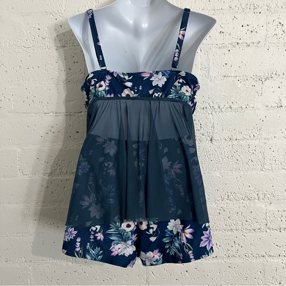 Shein Womens Swimsuit 3XL Blue Floral Sheer Overlay Shorts Removable Cups F1 - Picture 4 of 5